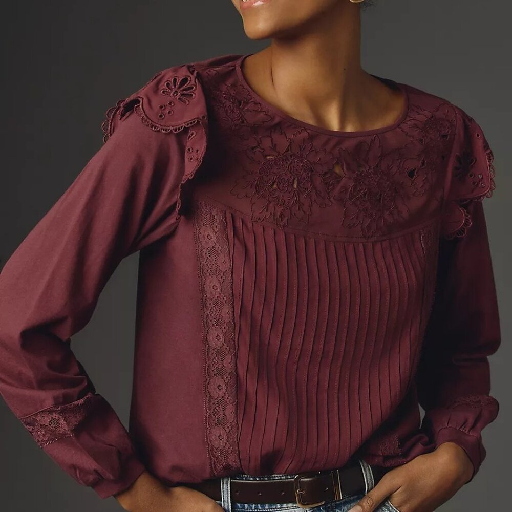 Anthropologie Tiny Long-Sleeve Crescent Ruffled Lace Top NWOT